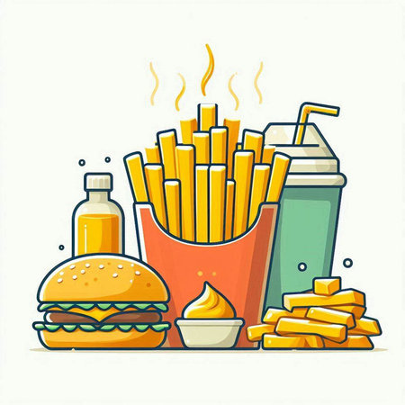Fast food vector illustration. French fries, hamburger, soda drink, ice cream.のイラスト素材