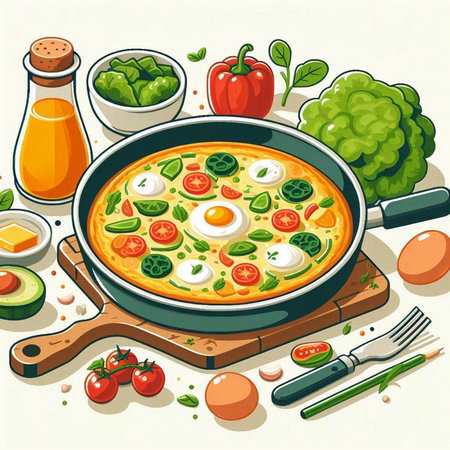 Illustration of omelette in a frying pan with vegetables.のイラスト素材