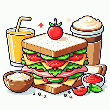 Vector illustration of a sandwich with tomato, cheese, cucumber, lettuce and mayonnaiseのイラスト素材