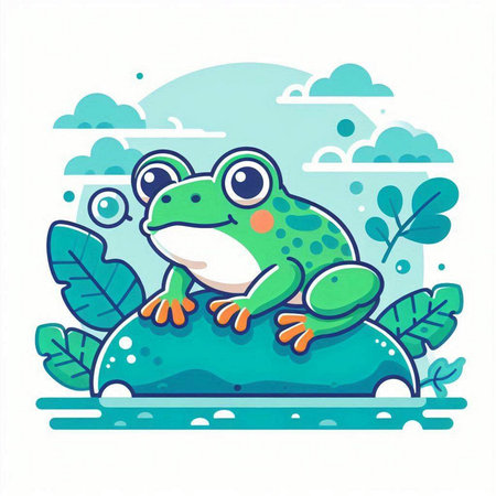 Cute cartoon frog sitting on a rock in the garden. Vector illustration.のイラスト素材
