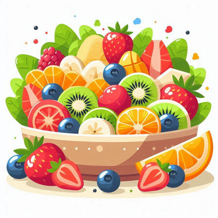 Fruit salad in a bowl. Vector illustration on white background.のイラスト素材