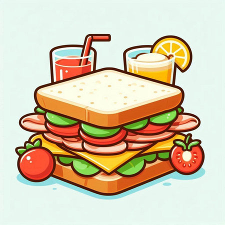 Sandwich with ham, cheese, tomato and orange juice. Vector illustration.のイラスト素材
