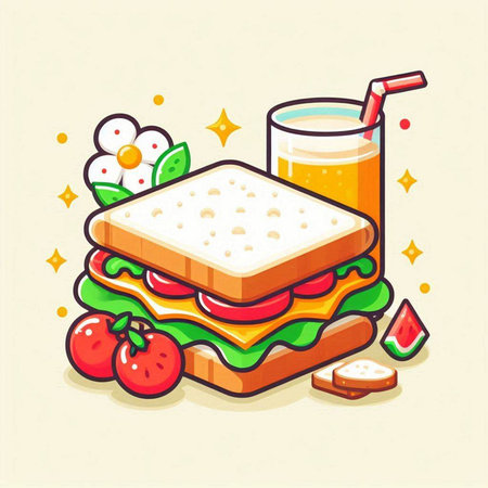 Vector illustration of a sandwich with a glass of juice and vegetables.のイラスト素材
