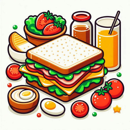 Vector illustration of a sandwich with ham, cheese, tomato, egg and juiceのイラスト素材