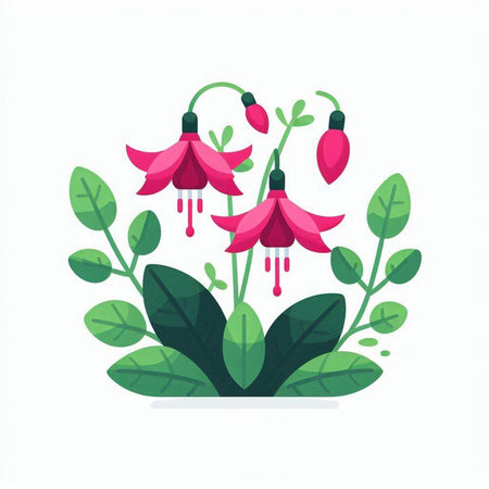 Fuchsia flowers with green leaves. Vector illustration in flat style.のイラスト素材