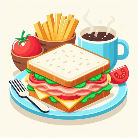 Vector illustration of a sandwich with french fries, coffee and tomatoes.のイラスト素材