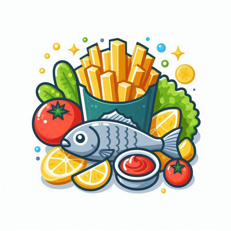 Fish and vegetables. Vector illustration of a fish with french fries.のイラスト素材