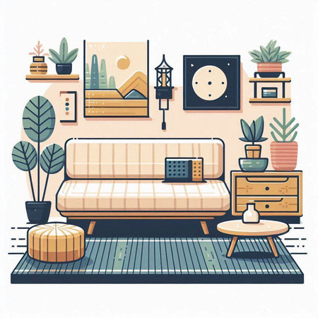 Modern living room interior with furniture, sofa and plants. Vector illustration.のイラスト素材