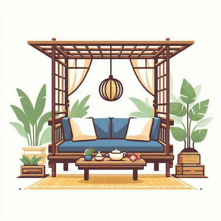 Illustration of wooden gazebo with pillows and cushionsのイラスト素材