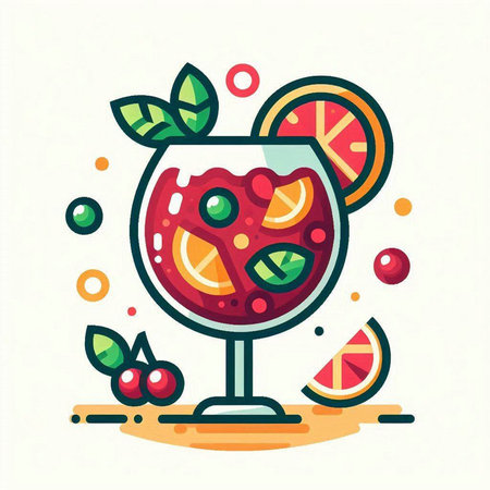 Colorful vector illustration of a glass of sangria with fruits and berriesのイラスト素材