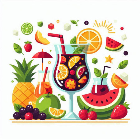 Summer cocktail set with fruits and berries. Vector illustration in flat styleのイラスト素材