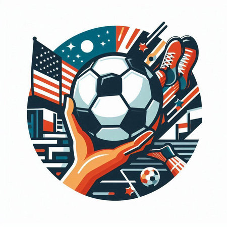 Hand holding soccer ball with american flag on background, vector illustrationのイラスト素材