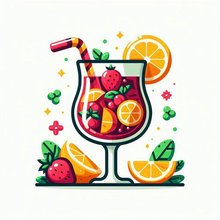 Cocktail with strawberries, orange and mint. Vector illustration.のイラスト素材
