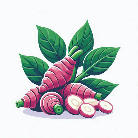 Illustration of fresh radish with green leaves on a white backgroundのイラスト素材
