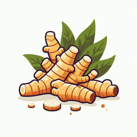 Ginger root and leaves isolated on white background. Vector illustration.のイラスト素材