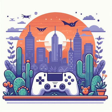 Gamepad and cactus in the city. Flat style vector illustration.のイラスト素材