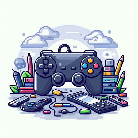 Gamepad, game console, mobile phone, tablet, headphones, pencils and other things. Vector illustration.のイラスト素材