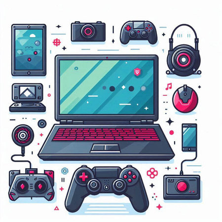 Vector set of computer games and entertainment items. Laptop, gamepad, joystick, gamepad, video game console, smartphone, headphones, gamepad, gamepad, joystick.のイラスト素材
