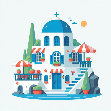 Flat design illustration of a beautiful church with a blue roof.のイラスト素材