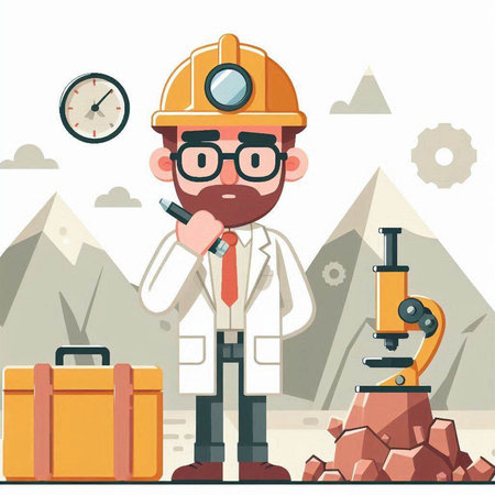 Scientist working in the mountains. Vector flat design cartoon illustration.のイラスト素材