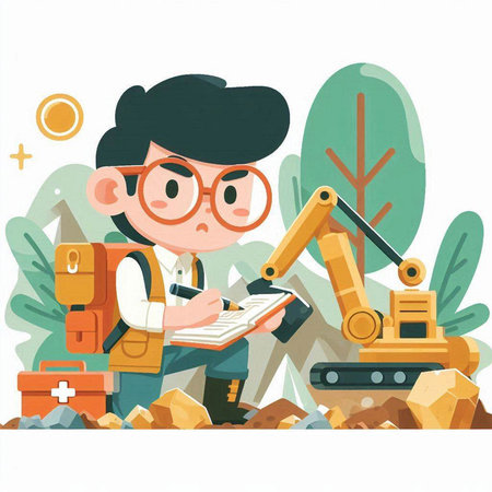 Engineer and robotic arm working in the garden. Vector illustration.のイラスト素材