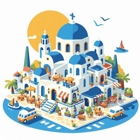 Flat isometric illustration of a small town on the island of Santoriniのイラスト素材