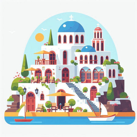 Santorini island, Greece. Vector illustration in flat styleのイラスト素材