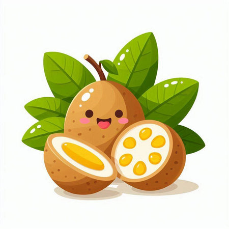 Illustration of cute cartoon longan fruit character with green leaves on white backgroundのイラスト素材