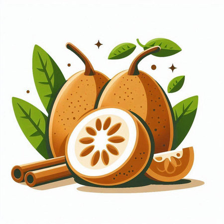 Sapodilla fruit with leaves and cinnamon. Vector illustration.のイラスト素材