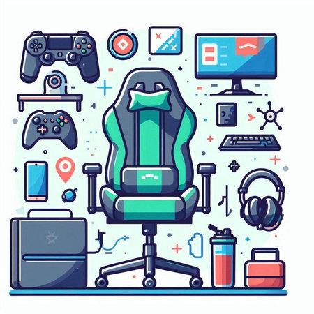 Futuristic flat design vector illustration of gaming equipment and accessories.のイラスト素材