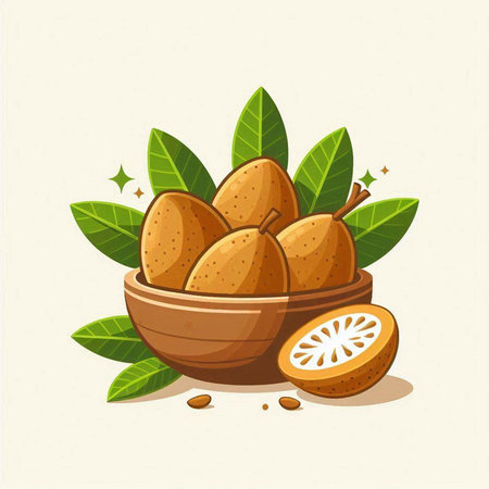 Sapodilla fruits with leaves in a bowl. Vector illustration.のイラスト素材