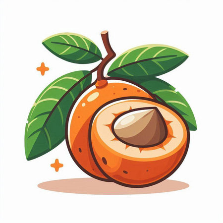 Illustration of a whole and half loquat with leaves.のイラスト素材