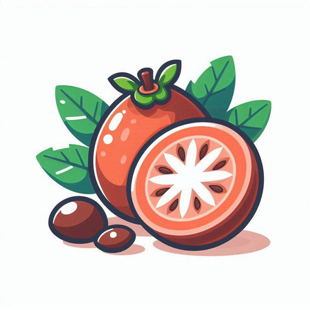 Vector illustration of red pomegranate fruit with green leaves.のイラスト素材