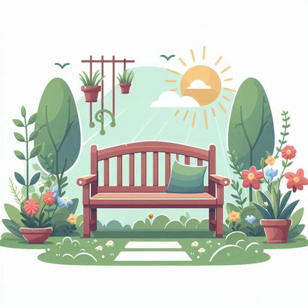 Vector illustration of a bench in the garden with flowers and plants.のイラスト素材
