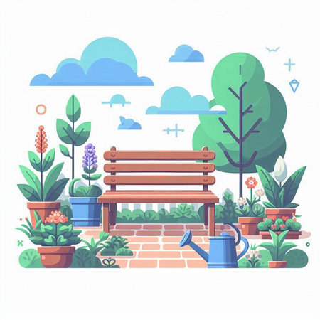 Vector illustration of a bench in the garden with plants and flowers.のイラスト素材