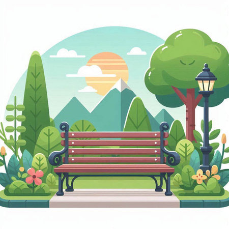 Bench in the park. Vector illustration in flat style on white background.のイラスト素材