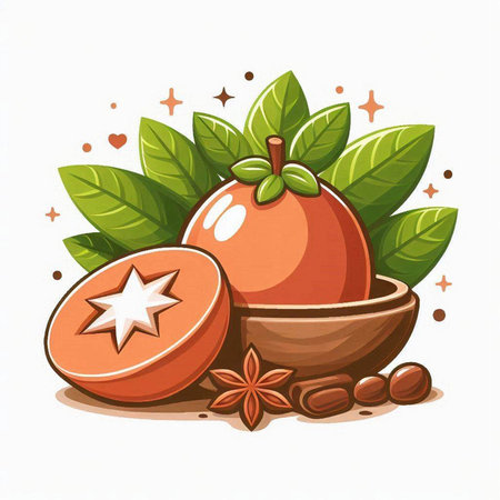 Ripe persimmon fruit with green leaves and seeds. Vector illustration.のイラスト素材