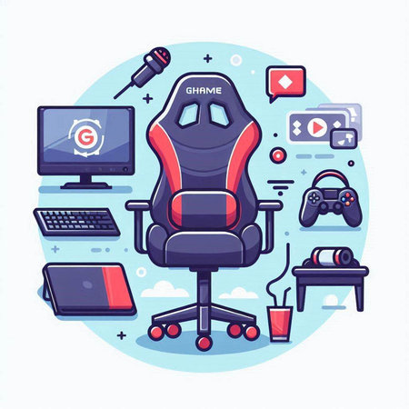 Futuristic office chair with gamepad, laptop, video game controller, joystick, mouse, headphones, keyboard, mouse. Modern flat vector illustration.のイラスト素材
