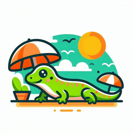 Chameleon with umbrella and sun. Vector illustration in flat style.のイラスト素材