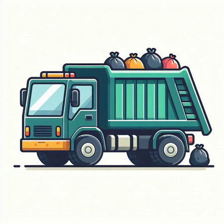 Garbage truck. Vector illustration of a garbage truck with garbage bags.のイラスト素材
