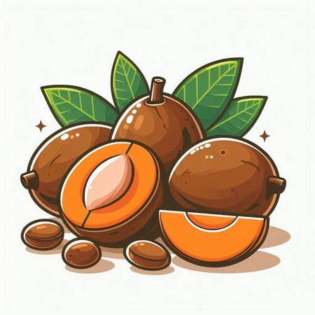 Illustration of fresh whole and half loquat fruits with leaves.のイラスト素材