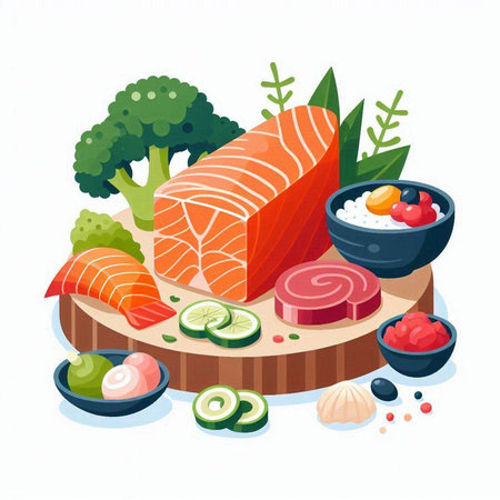 Vector illustration of Japanese food. Sushi with salmon, tuna, caviar, soy sauce, vegetables.のイラスト素材
