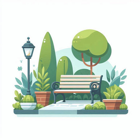 Vector illustration of a park with bench, trees, lantern and plants.のイラスト素材