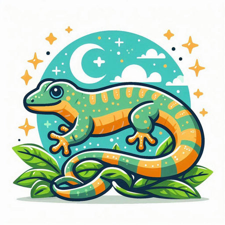 Cute cartoon chameleon on the background of the moon and starsのイラスト素材