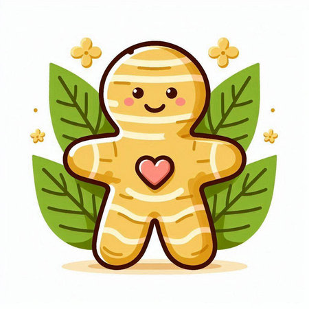 Cute gingerbread man with leaves and heart. Vector illustration.のイラスト素材