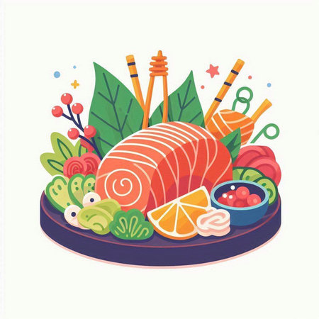 Sushi roll with salmon and vegetables. Japanese cuisine. Vector illustrationのイラスト素材