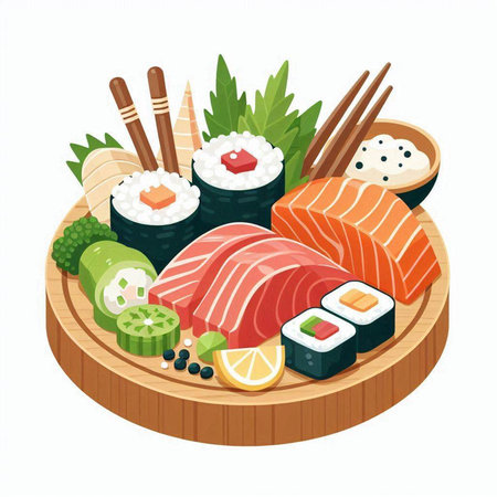 Illustration of sushi and rolls in a wooden plate. Vector illustrationのイラスト素材