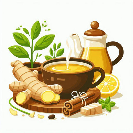 Ginger tea with lemon, ginger root, honey and spices. Vector illustration.のイラスト素材