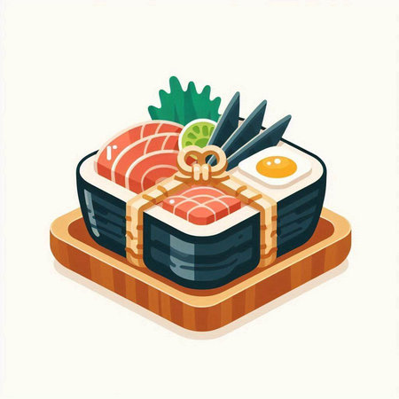 Sushi isometric vector illustration. Sushi roll with salmon, tuna, avocado, cream cheese, wasabi, ginger, wasabi, wasabi and soy sauce.のイラスト素材