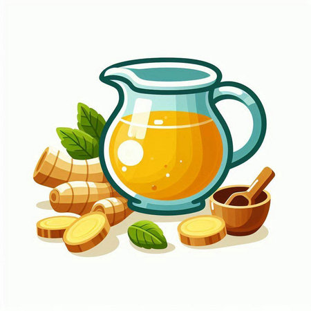 Ginger juice in a glass jug and ingredients. Vector illustration.のイラスト素材